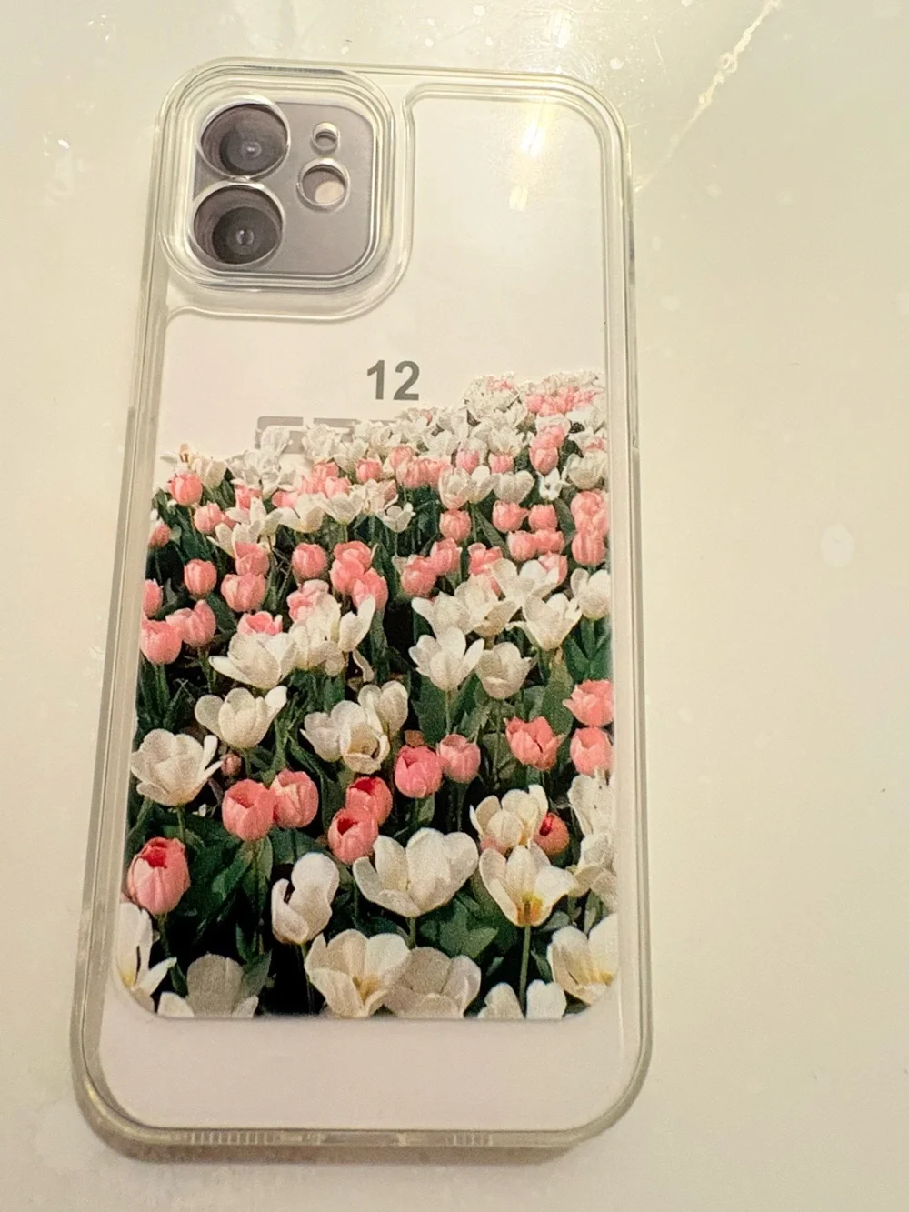 Clear Transparent Floral Tulip Back Case Cover for Apple iPhone 12 Pink